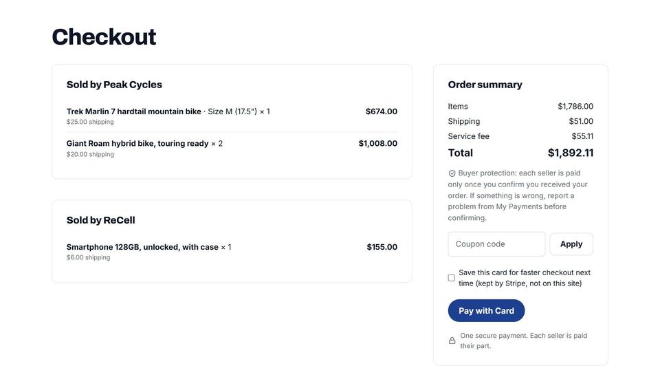 Checkout form on a Yclas marketplace