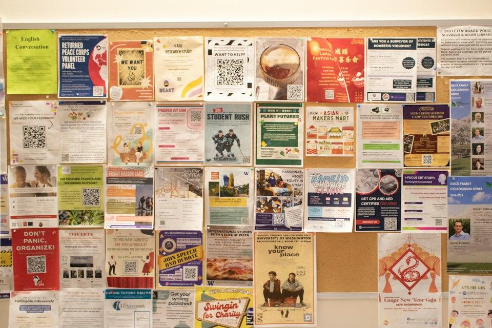 Corkboard filled with flyers and notices