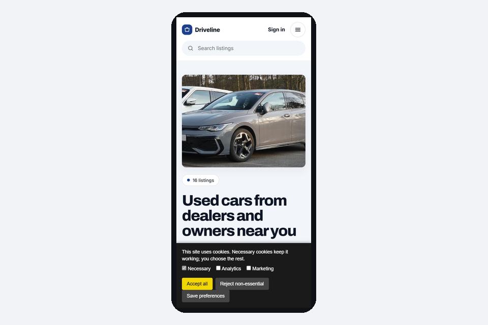 Cookie consent banner on a Yclas site, phone view