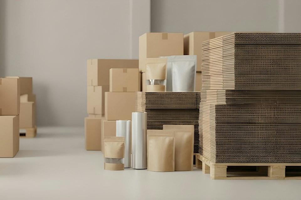 Cardboard boxes and packaging supplies in a warehouse