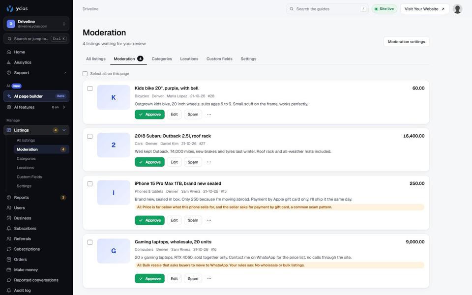 Listings waiting for review in the Yclas moderation queue