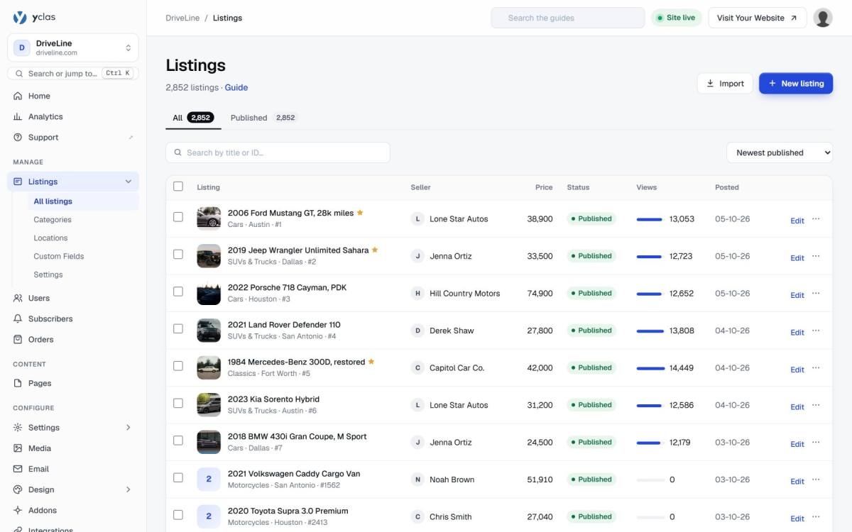 Listings in the admin