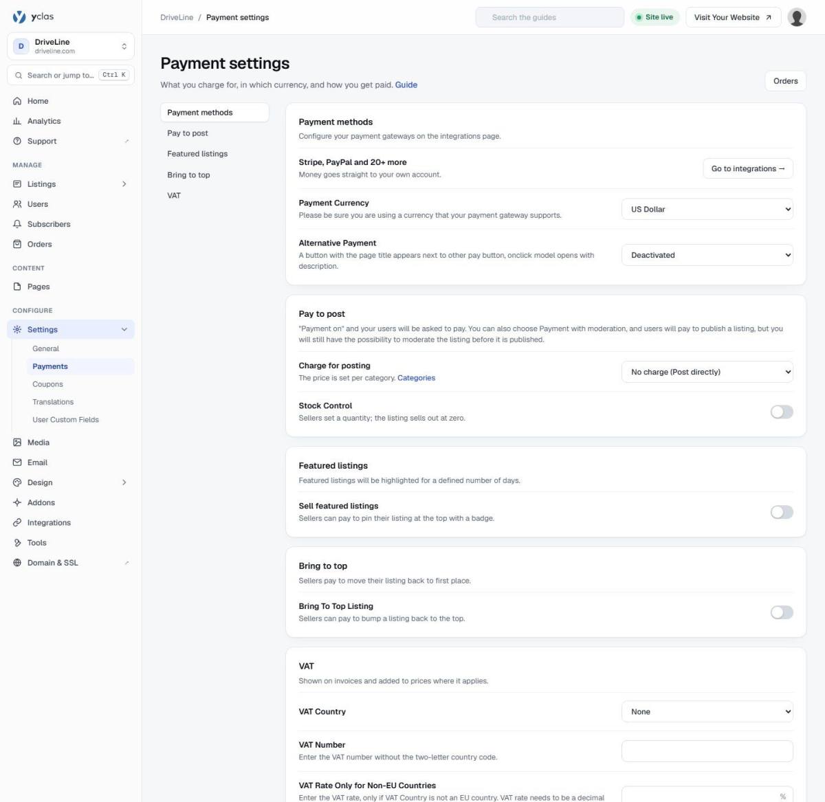 Payment settings in the admin