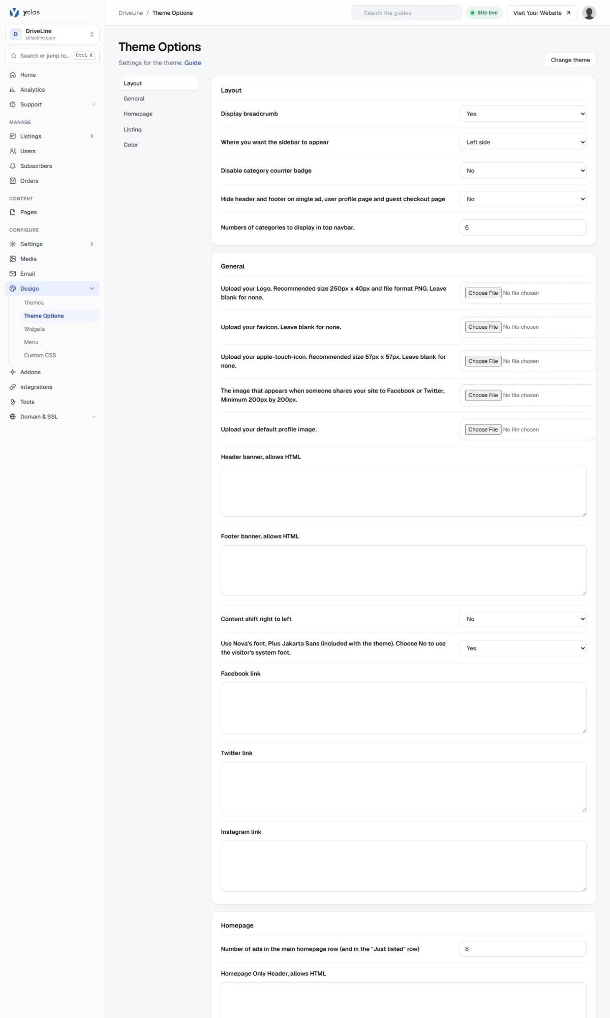 Theme options in the admin