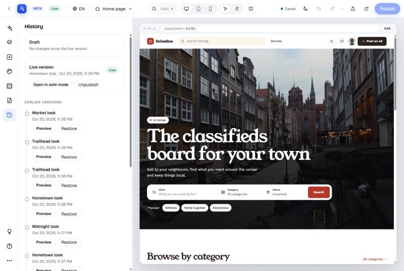 The History panel: the live version and every earlier look, each to preview or restore