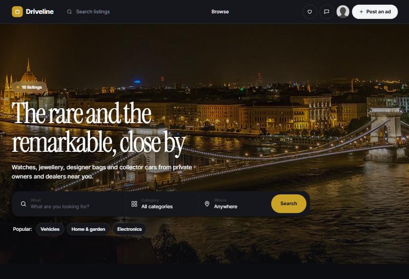 The same site in the Midnight look, with the luxury template