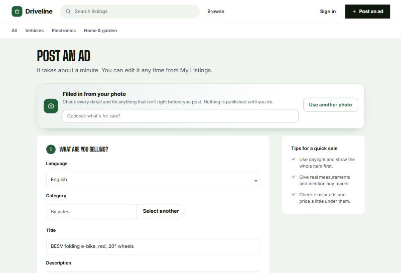 A listing form filled in from one photo