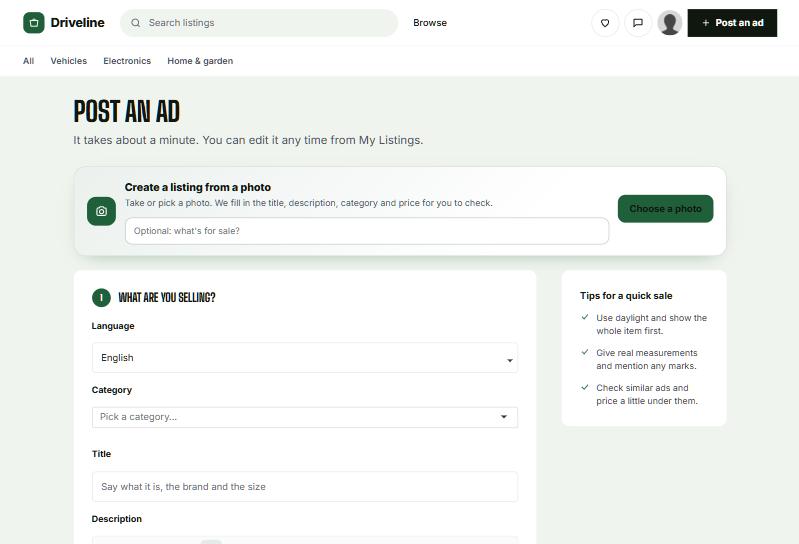 The post a listing page with the Create a listing from a photo box at the top