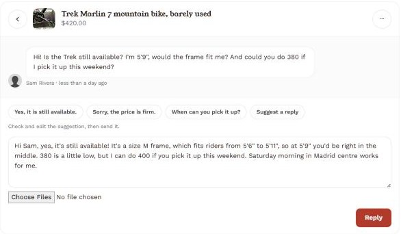 A message thread with a suggested reply in the box, ready to edit and send
