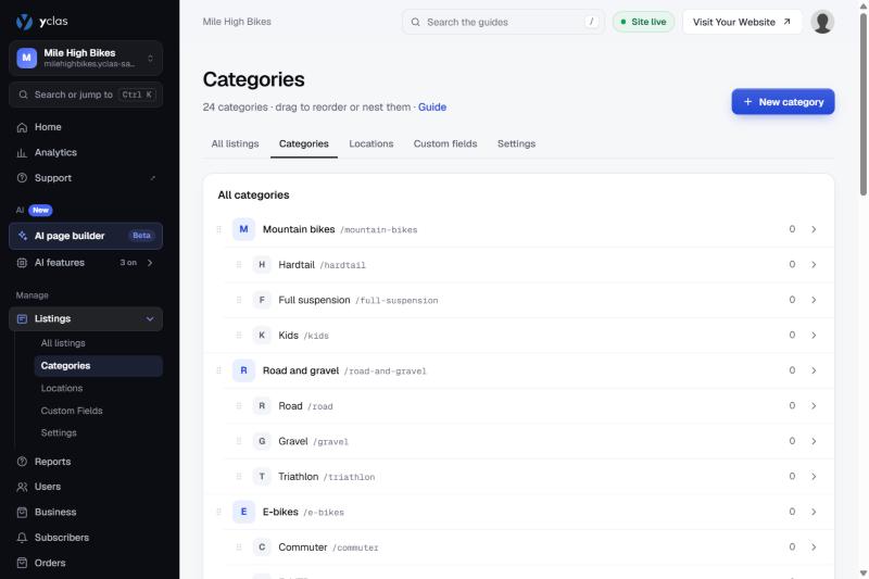 The categories the setup wrote, in the admin, ready to reorder, rename or nest