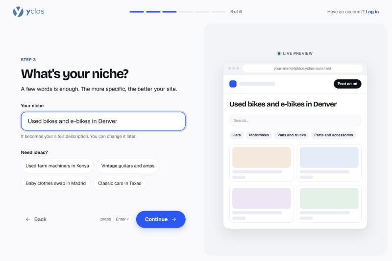 The sign-up wizard: a classifieds site described in a sentence, with a live preview of the site beside it