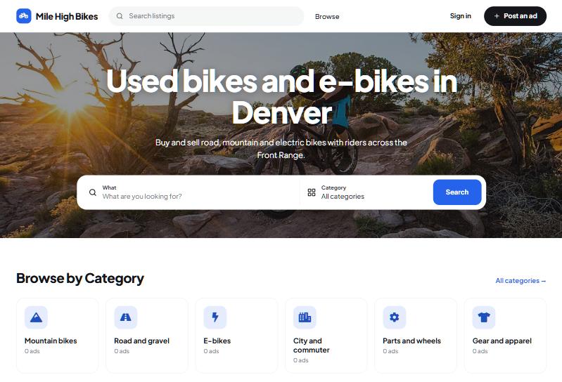A new site's home page with its own headline, colour, icon and categories