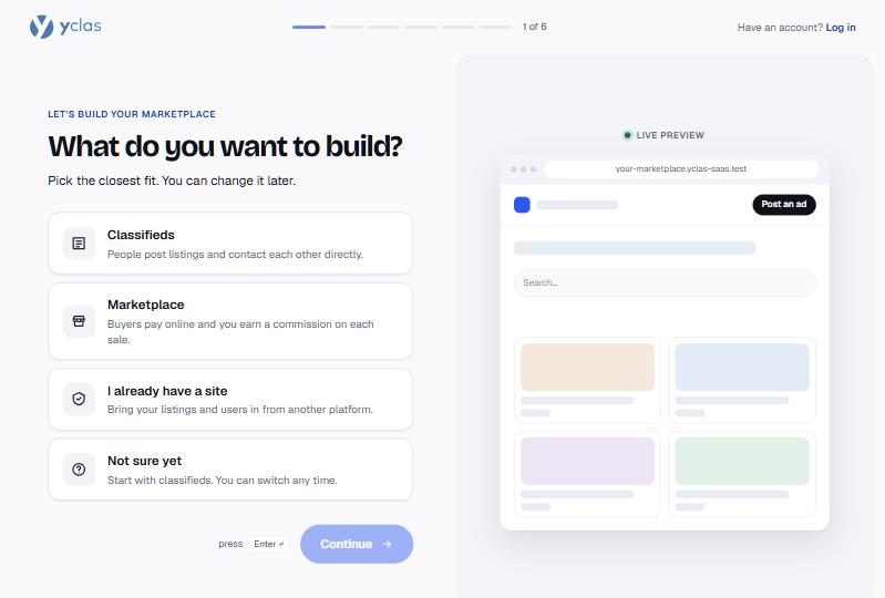 The first step of the sign-up wizard: classifieds, marketplace or moving an existing site