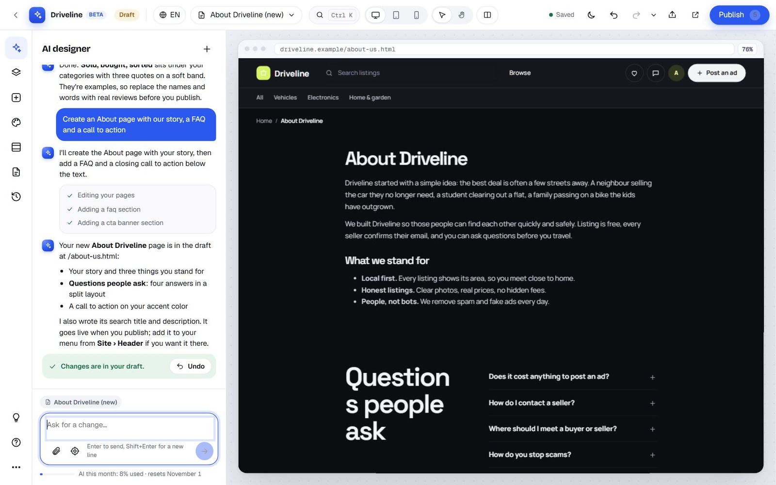 The AI designer reporting the new About Driveline page, with the page shown in the preview: the story, What we stand for and a FAQ