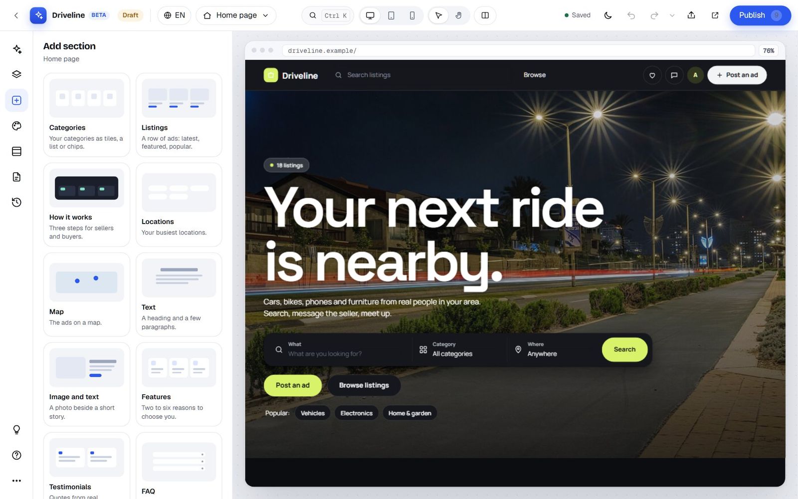 The Add section panel showing section types such as Categories, Listings, How it works, Locations, Map, Text, Image and text, Features and Testimonials