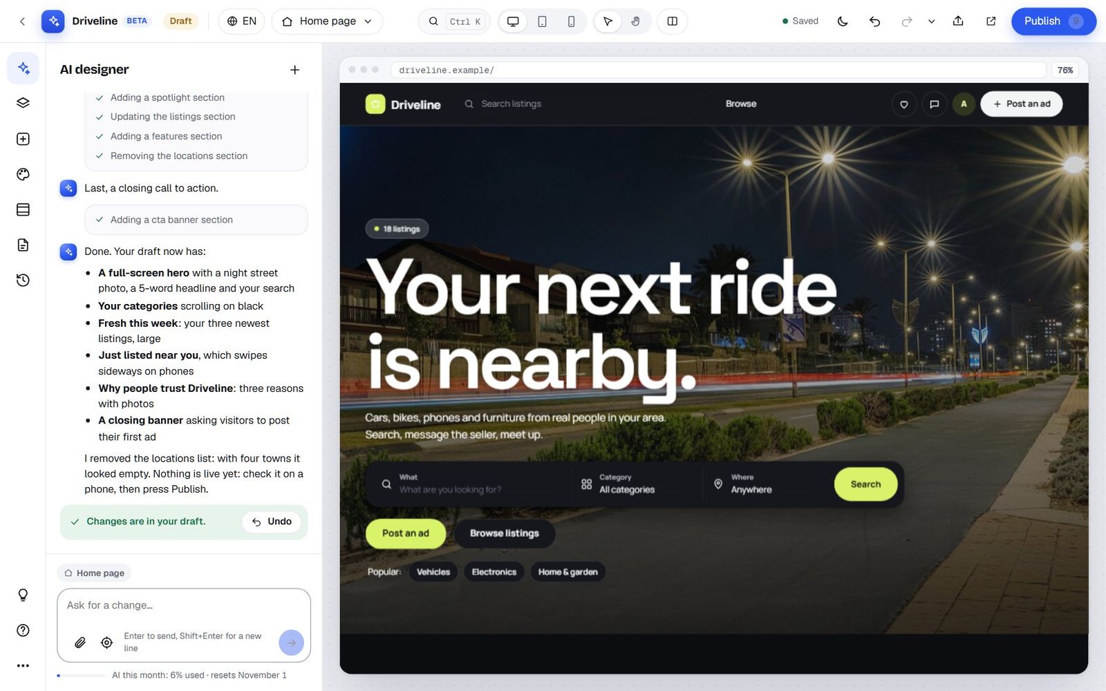 The AI's summary of the Night Drive build next to the new full-screen hero with the headline Your next ride is nearby