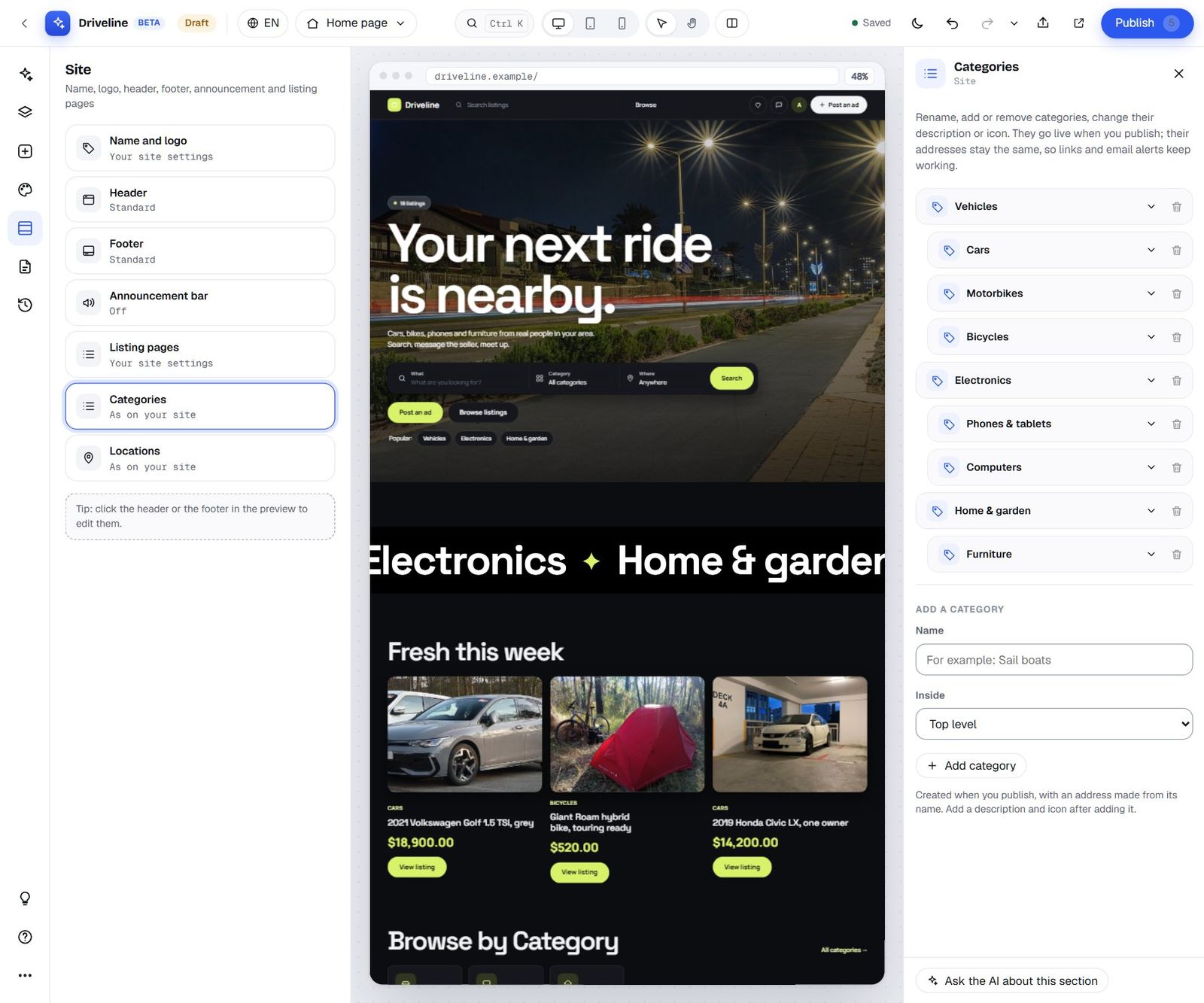 The Categories panel listing Vehicles with Cars, Motorbikes and Bicycles, Electronics with Phones and tablets and Computers, Home and garden with Furniture, and an Add a category form