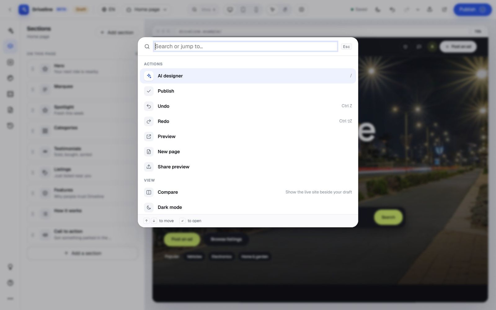 The Ctrl K palette listing actions such as AI designer, Publish, Undo, Redo, Preview, New page and Share preview, and views such as Compare and Dark mode