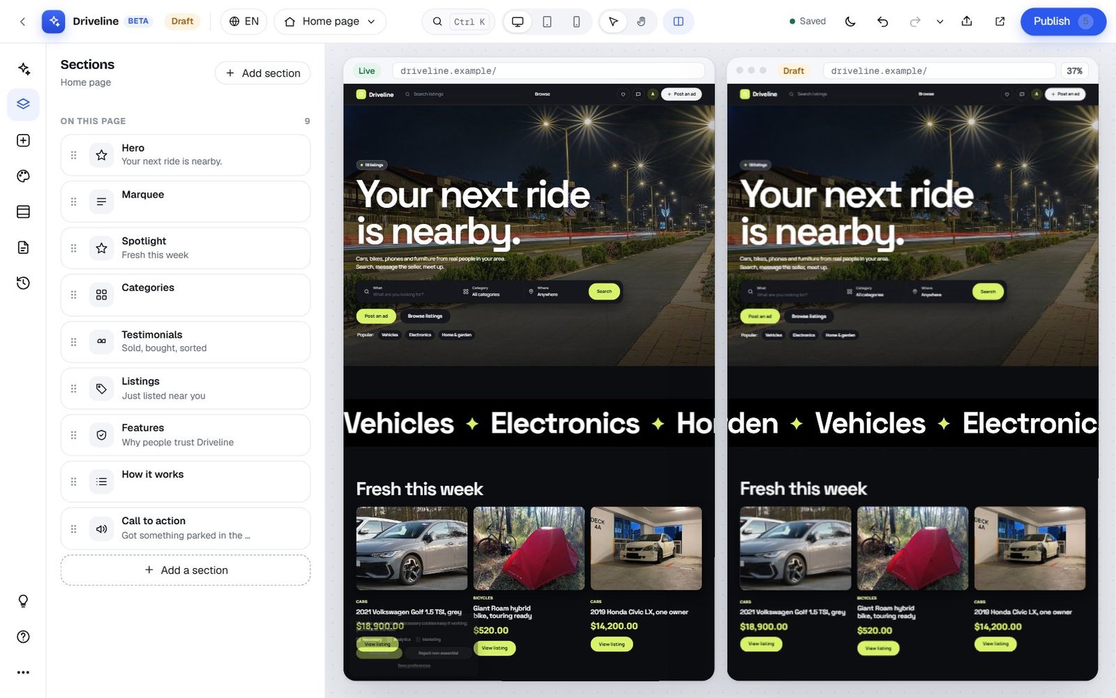 Compare mode in the Studio: the live site labelled Live on the left and the draft labelled Draft on the right
