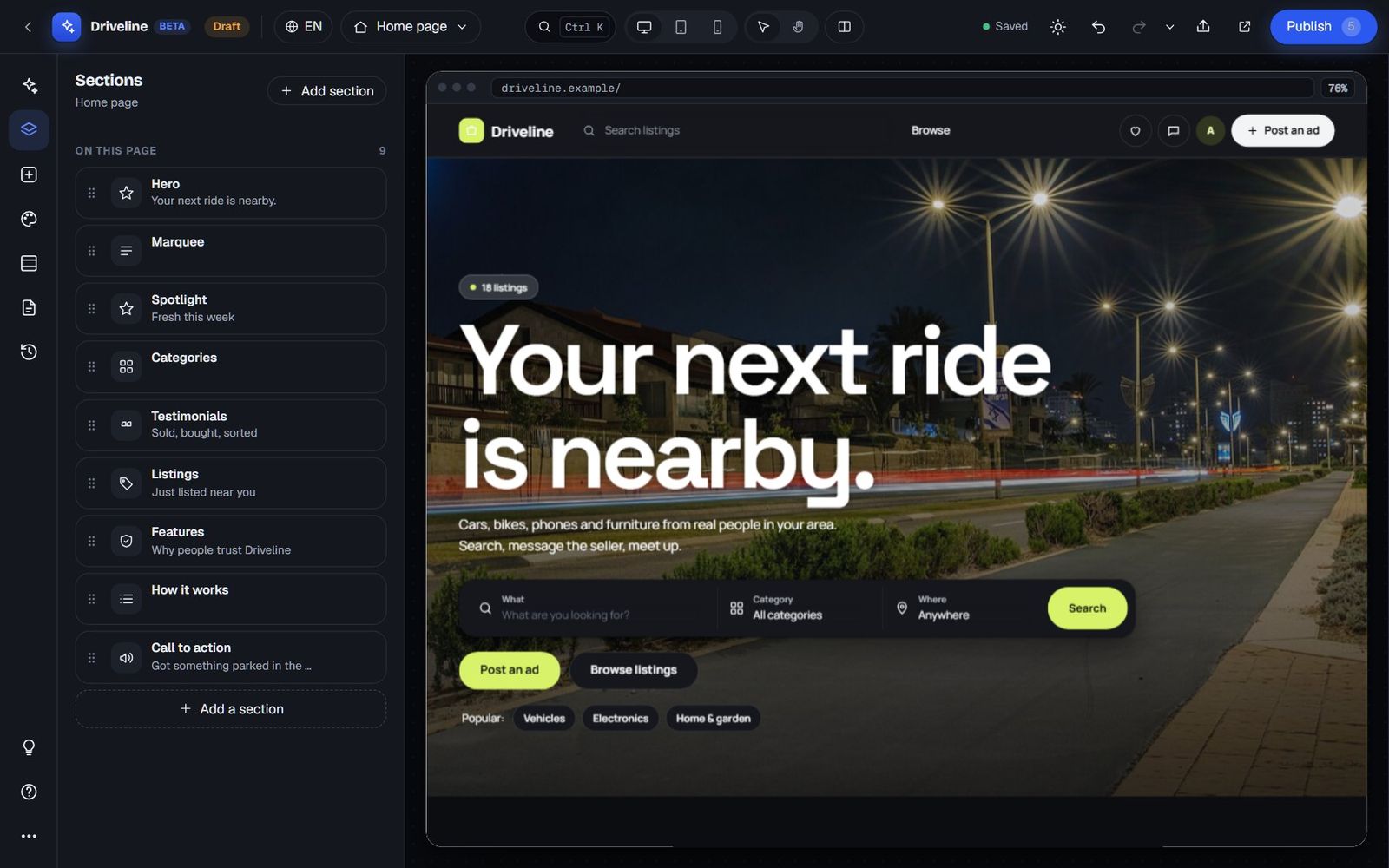 The Studio in dark mode with the Sections panel and the Driveline preview