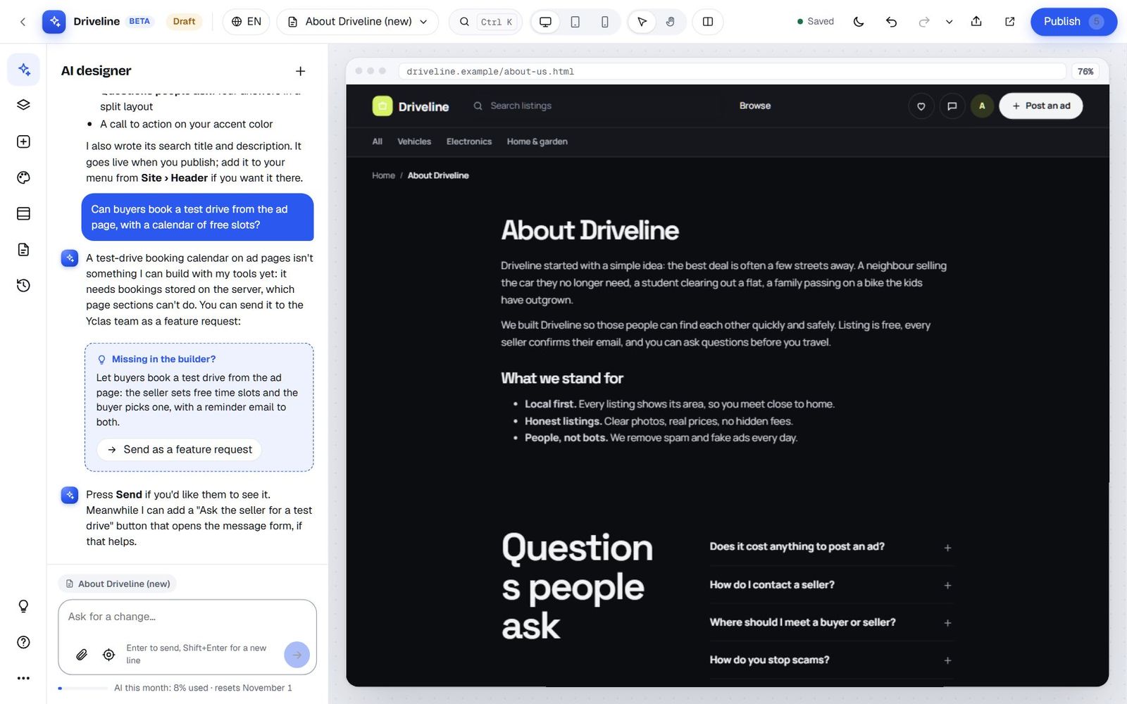 The AI explaining it can't build a test-drive booking calendar in a page section, with a Missing in the builder card and a Send as a feature request button