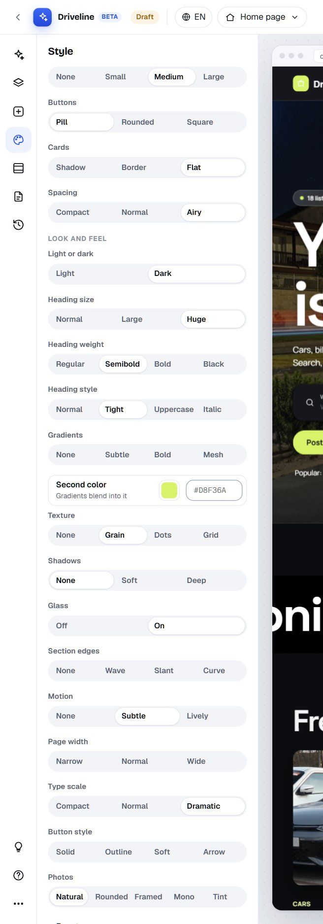 The Shape and Look and feel settings: corners, buttons, cards, spacing, light or dark, heading size, weight and style, gradients, texture, shadows, glass, section edges, motion, page width, type scale, button style and photos