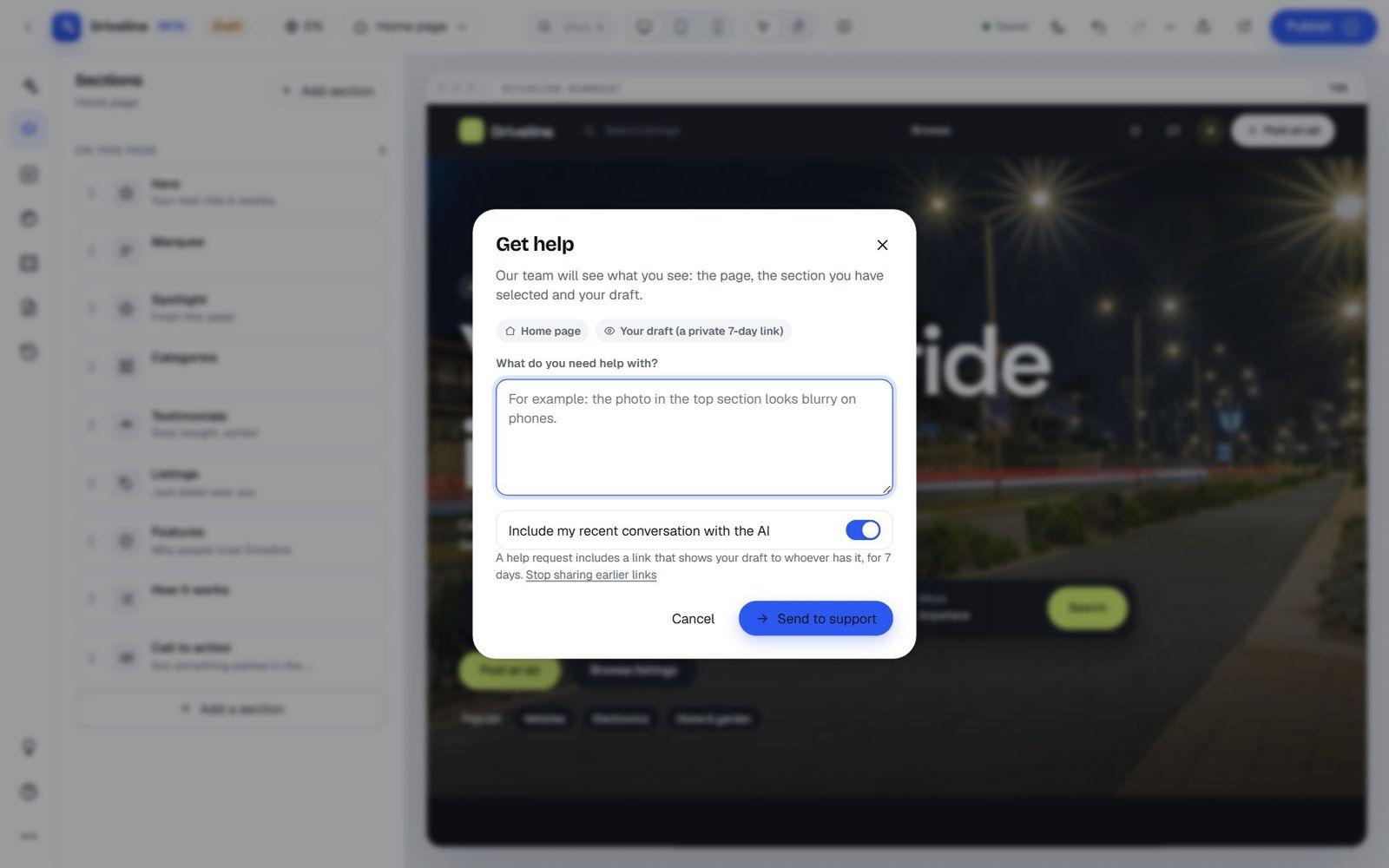 The Get help dialog with the current page, a private 7-day draft link, a message box and an option to include the recent AI conversation