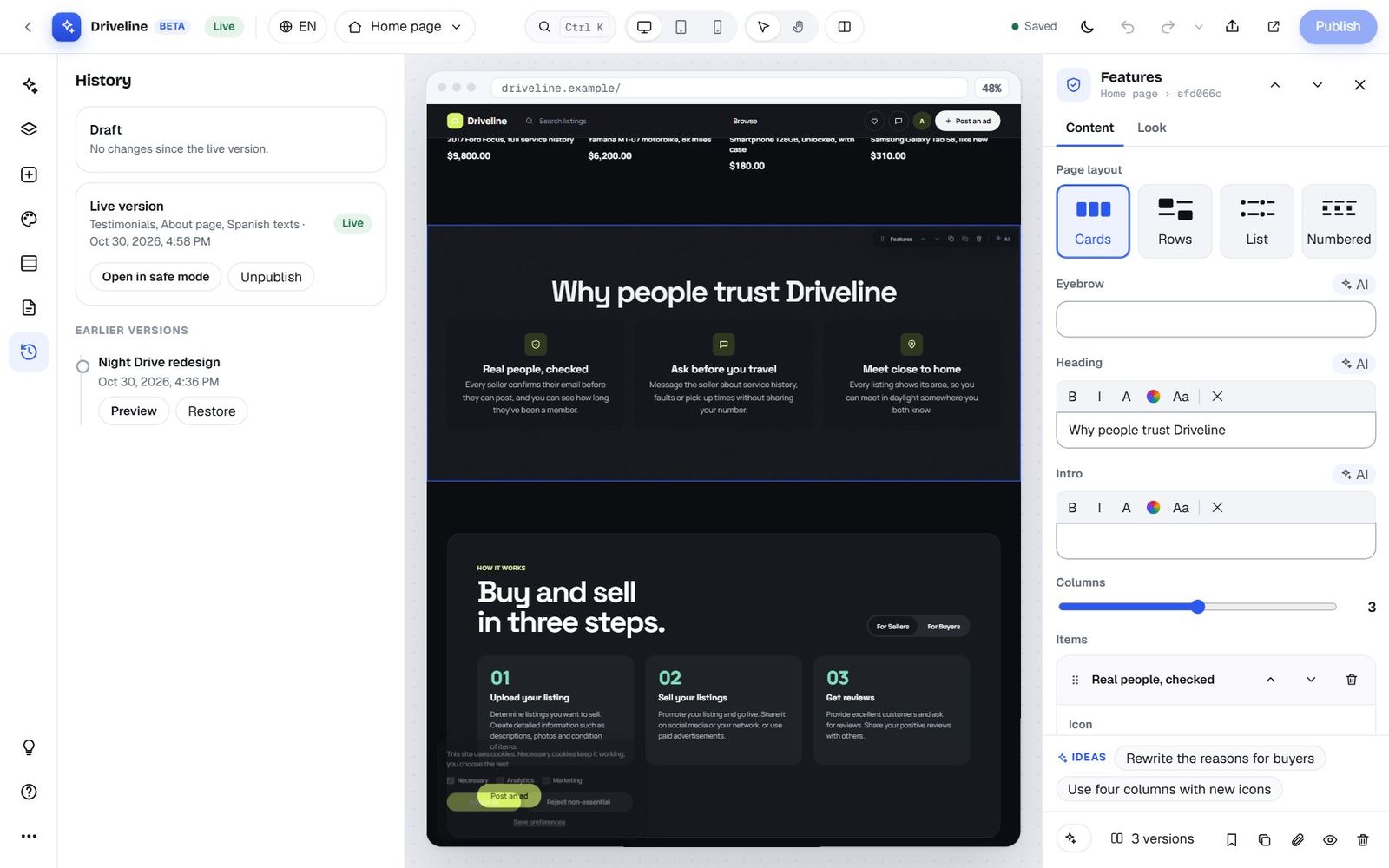 The History panel with the live version Testimonials, About page, Spanish texts and the earlier version Night Drive redesign with Preview and Restore buttons
