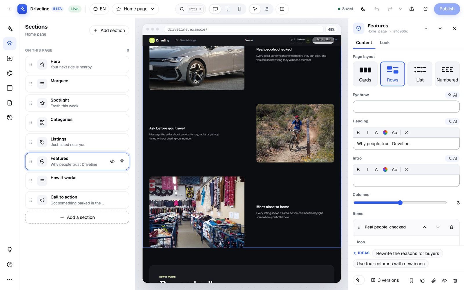 The inspector for the Features section with layout options Cards, Rows, List and Numbered, heading fields with AI buttons, columns and items