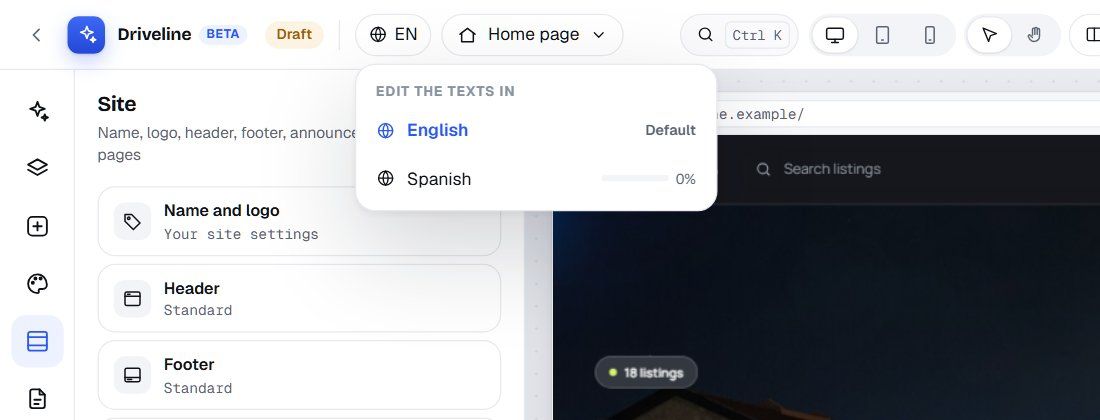 The language menu in the top bar: Edit the texts in English (default) or Spanish (0%)