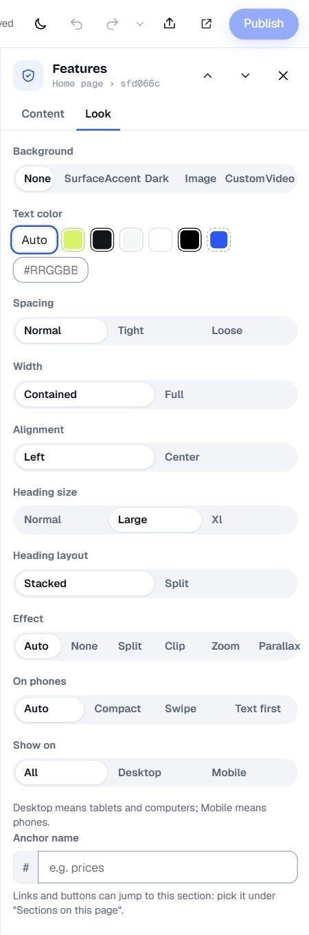 The Look tab with Background, Text color, Spacing, Width, Alignment, Heading size, Heading layout, Effect, On phones, Show on and Anchor name