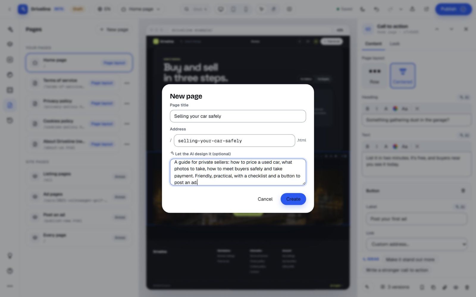The New page dialog with the title Selling your car safely, the address selling-your-car-safely and an AI brief describing a guide for private sellers