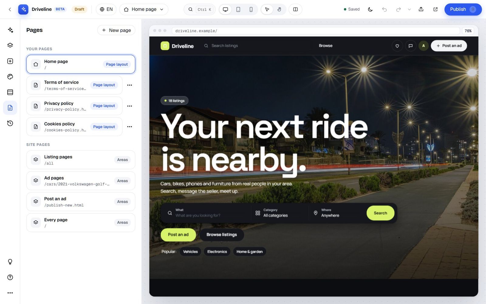 The Pages panel with Home page, Terms of service, Privacy policy and Cookies policy under Your pages, and Listing pages, Ad pages, Post an ad and Every page under Site pages