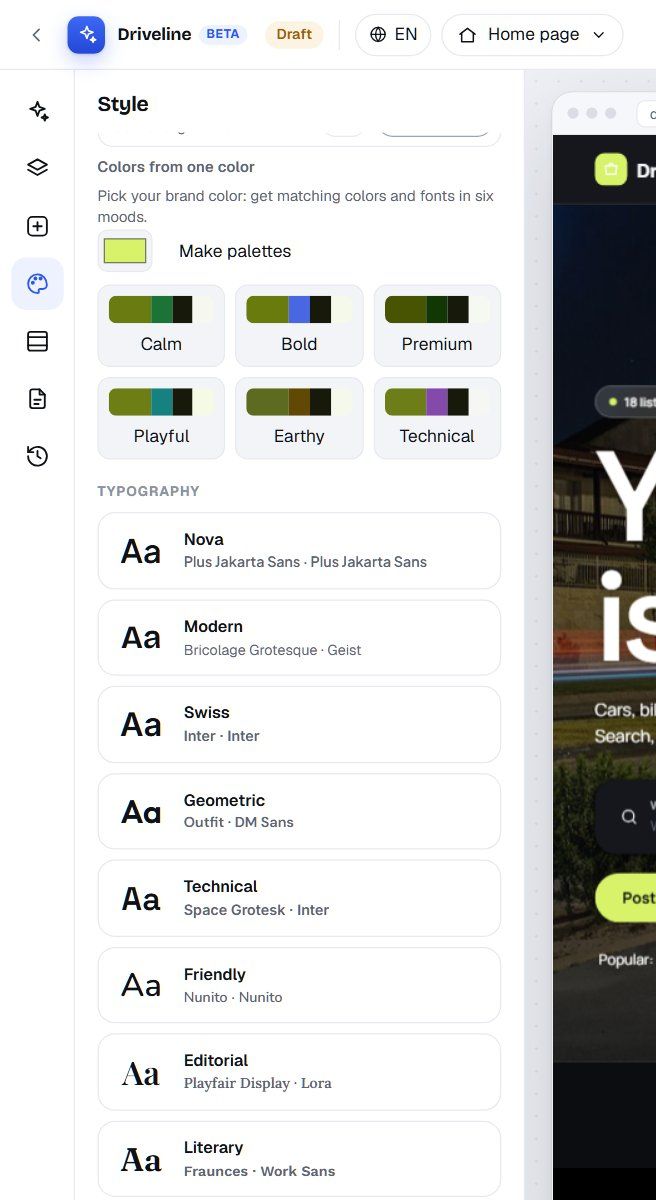 Six palettes made from one lime colour: Calm, Bold, Premium, Playful, Earthy and Technical, above the typography pairings