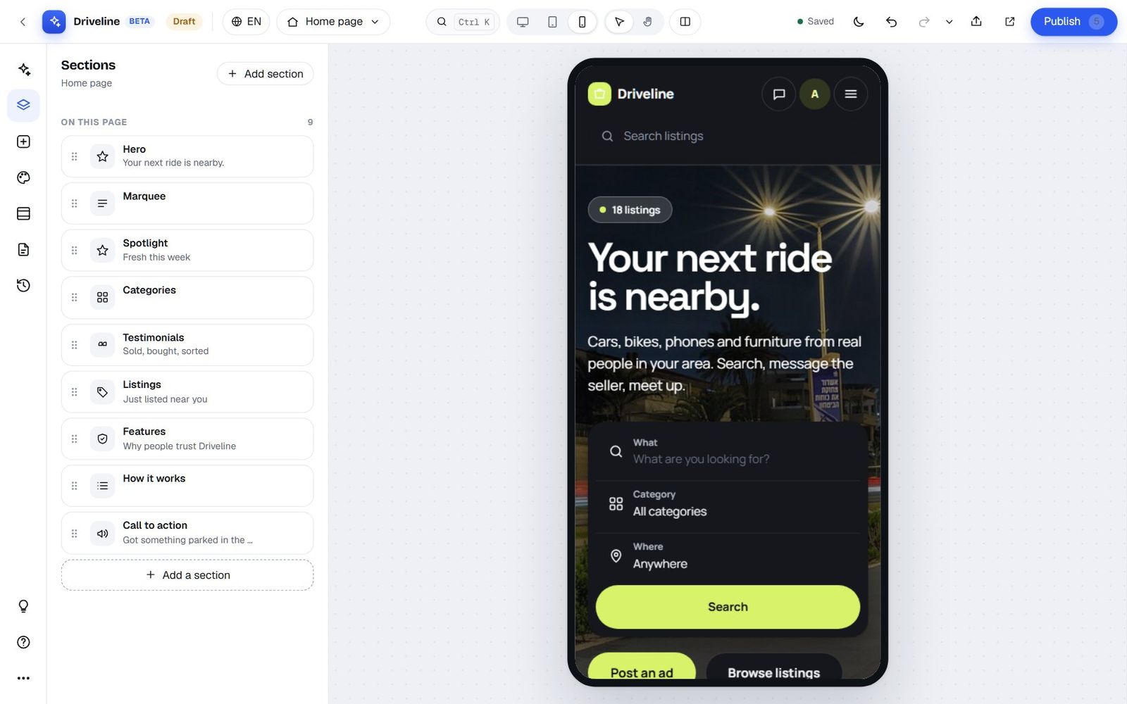 The Studio previewing the Driveline home page at phone width beside the Sections panel