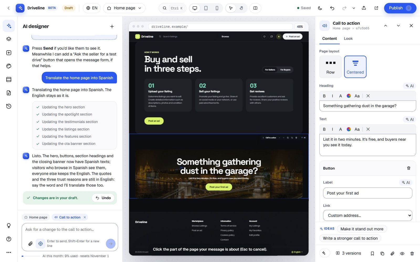Point mode in the Studio: a message across the preview says Click the part of the page your message is about