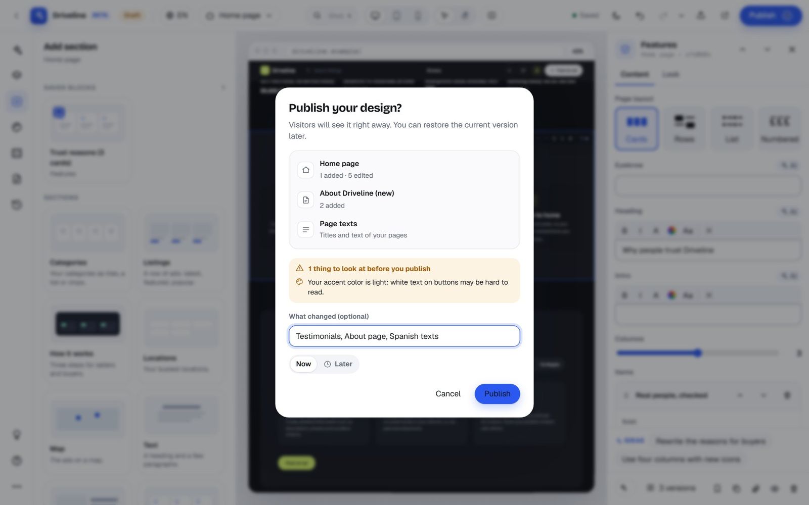 The Publish dialog for the second version: 1 added and 5 edited on the home page, 2 added on the new About page, page texts changed and the note Testimonials, About page, Spanish texts