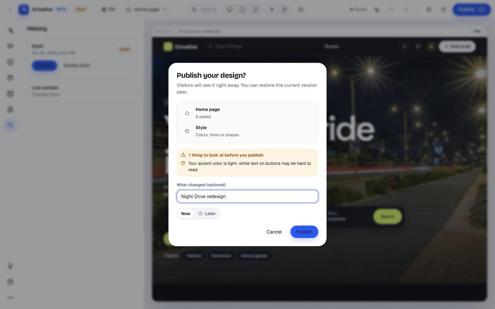 The Publish dialog listing 8 added sections and a style change, one check about the light accent colour, and a note field