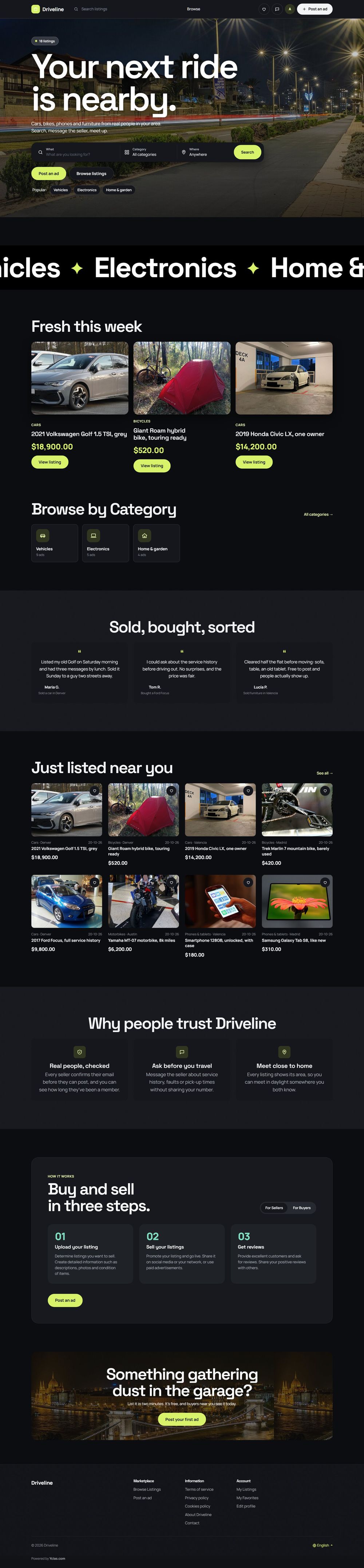 The Driveline home page after the AI redesign: a full-screen night hero, a categories marquee, featured listings, testimonials, trust reasons and a closing banner
