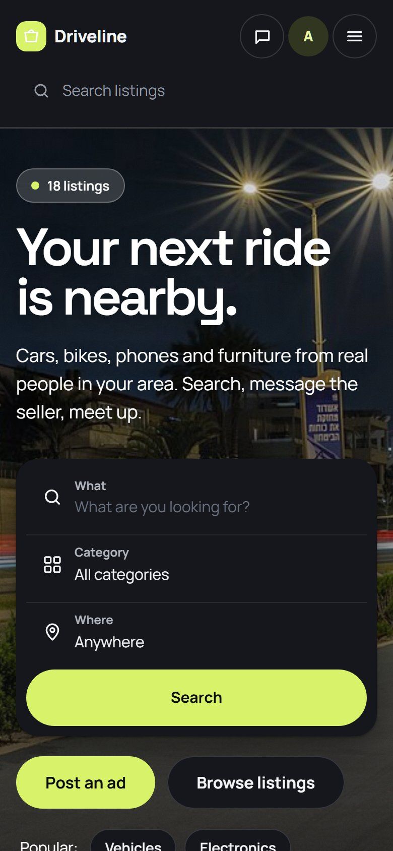 The redesigned Driveline home page at phone width with the night hero, search and buttons