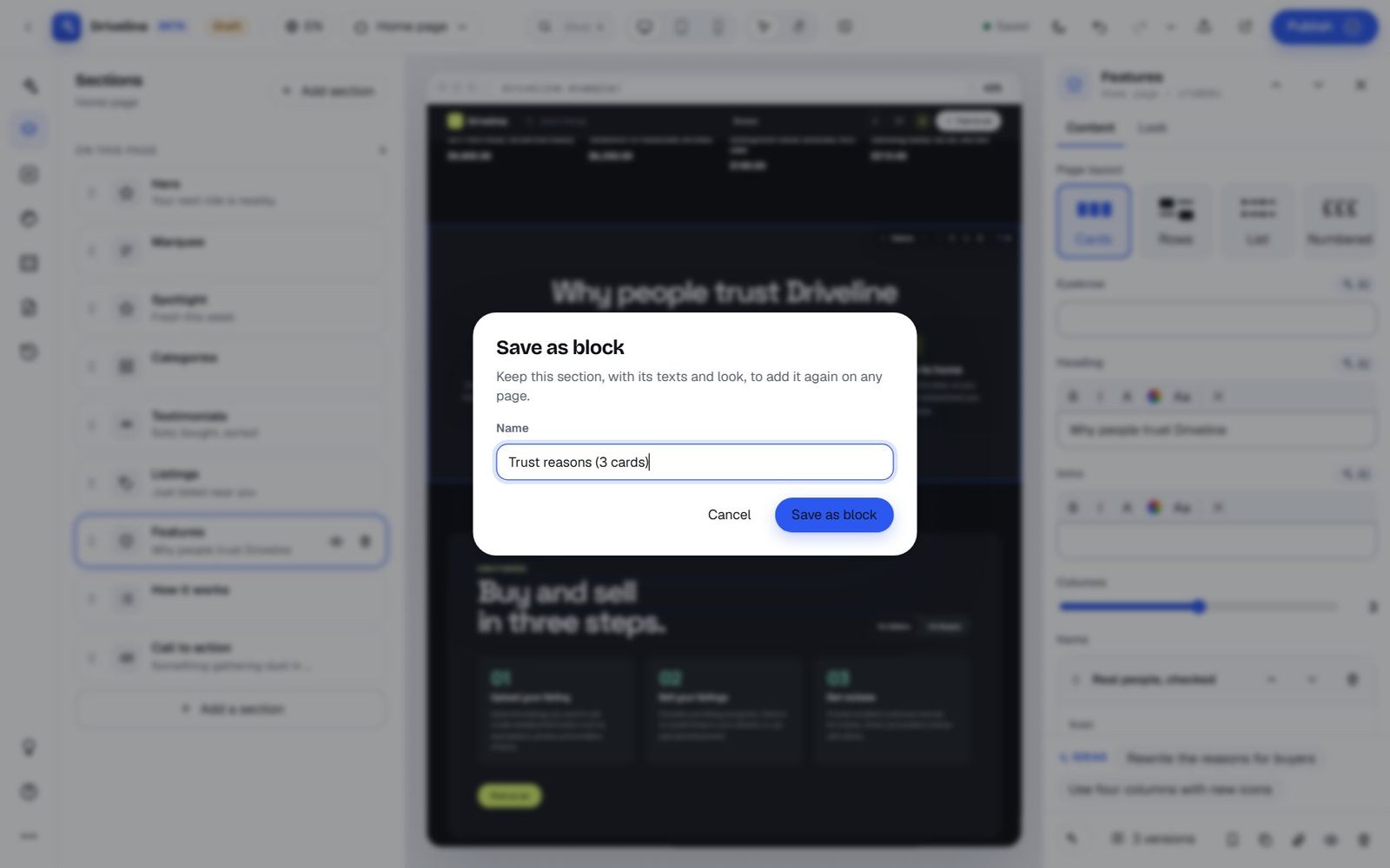 The Save as block dialog with the name Trust reasons (3 cards)