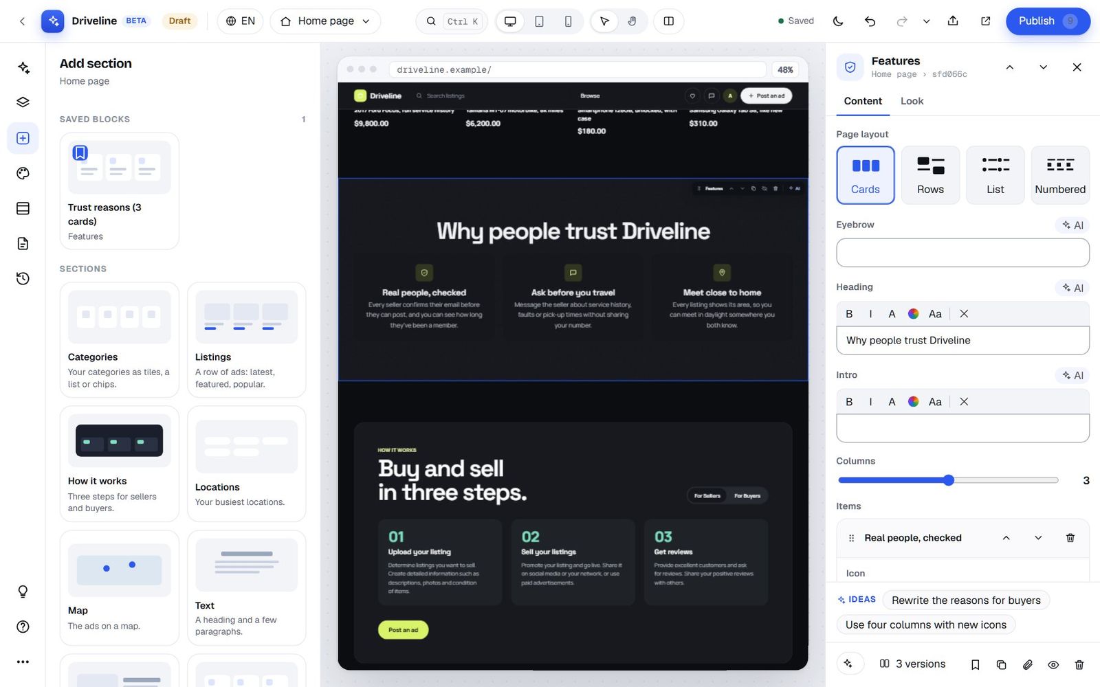 The Add section panel with Saved blocks at the top showing Trust reasons (3 cards)