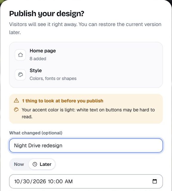 The Publish dialog with Later selected and a date and time to publish