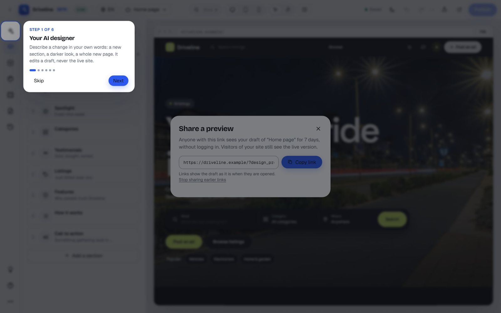 The Share a preview dialog with a link that shows the draft for 7 days and a Copy link button