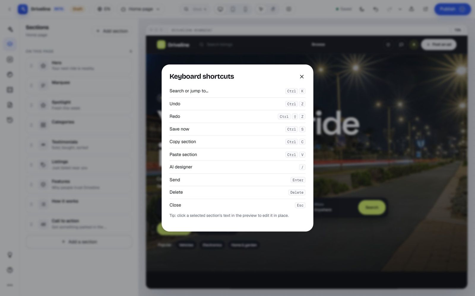 The Keyboard shortcuts dialog listing the Studio's shortcuts