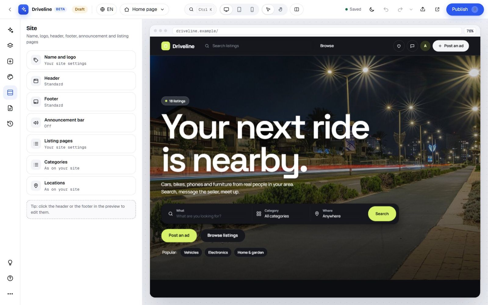 The Site panel with Name and logo, Header, Footer, Announcement bar, Listing pages, Categories and Locations