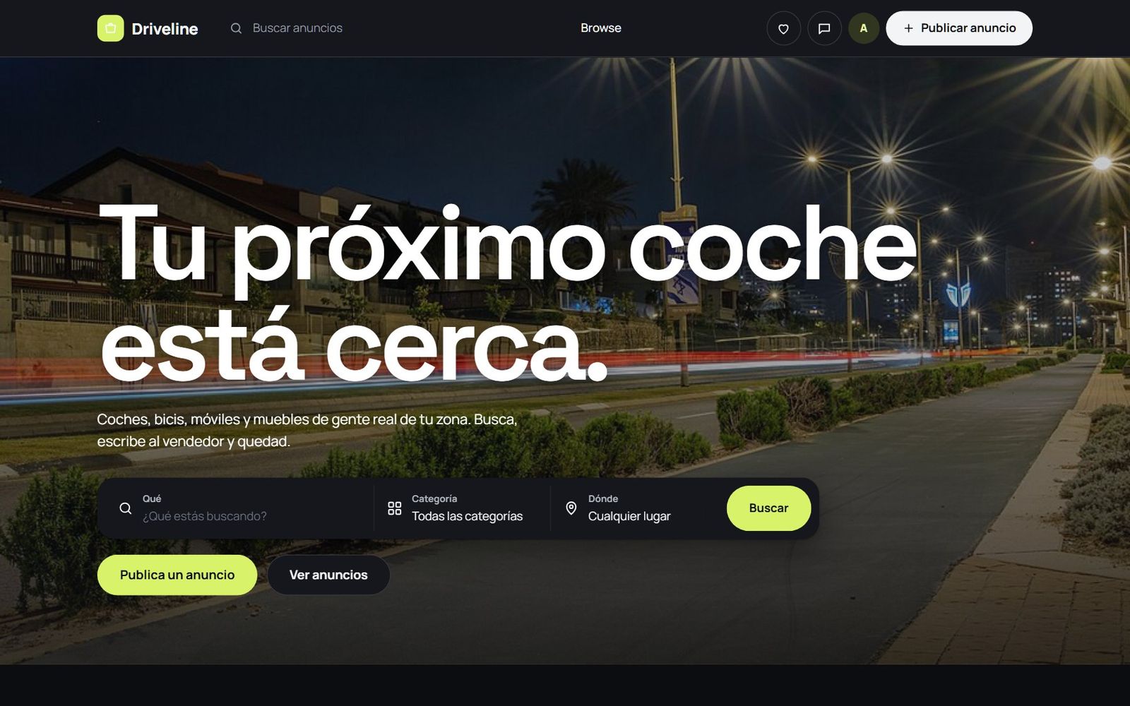 The live Driveline home page in Spanish with the headline Tu próximo coche está cerca and the Spanish search bar