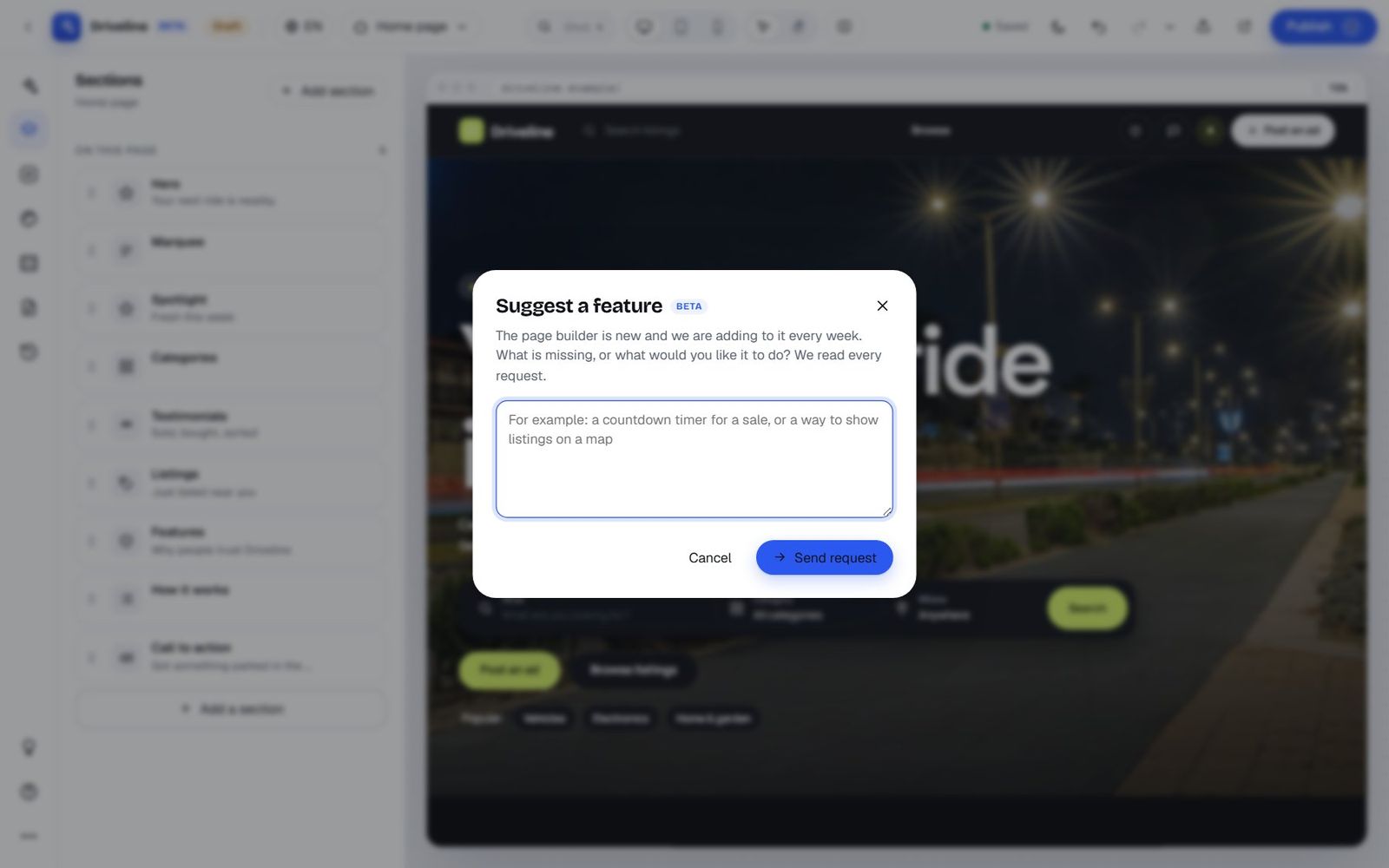 The Suggest a feature dialog explaining that the page builder is new and every request is read
