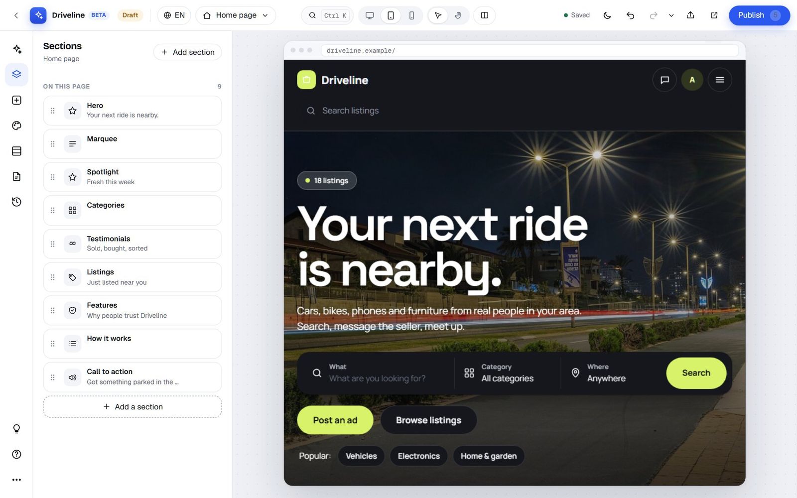 The Studio previewing the Driveline home page at tablet width