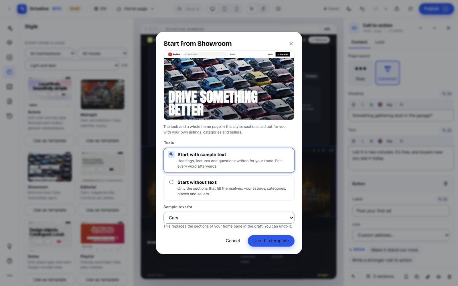 The Start from Showroom dialog: Start with sample text or Start without text, and a Sample text for menu set to Cars